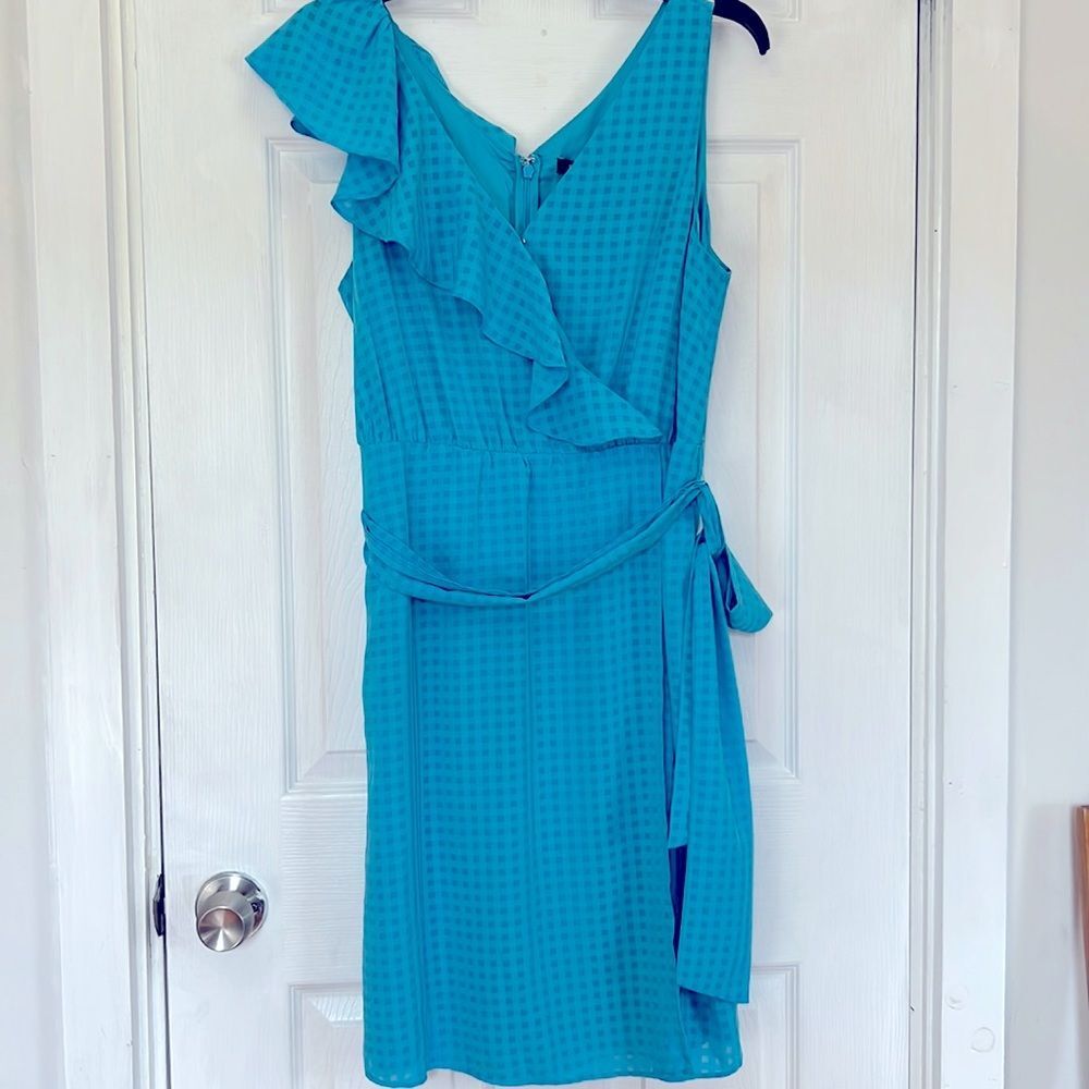 Basque Midi dress Women's Size 12 Blue Sleeveless, Back Zip Belt Ruffle NWT